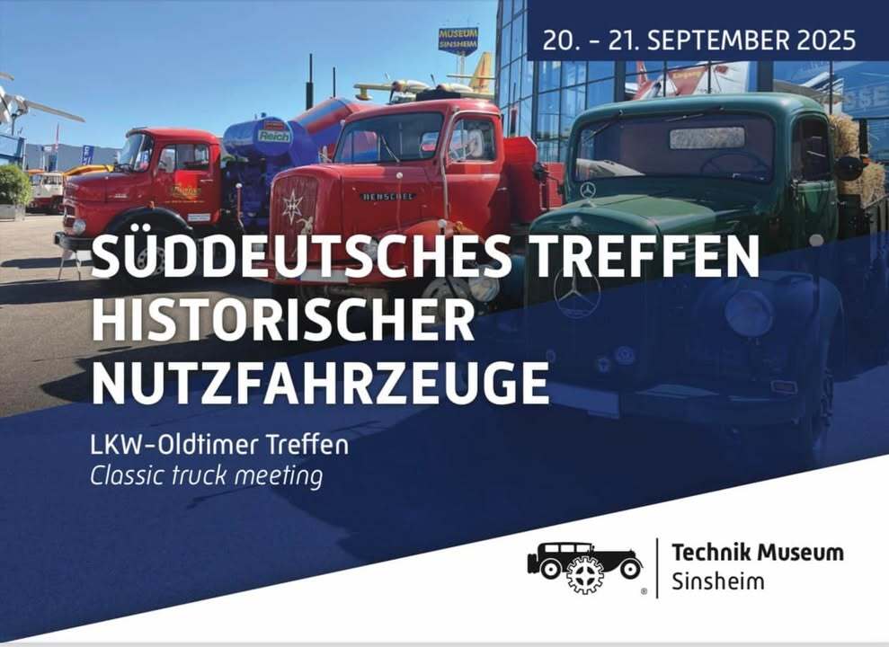 Save the Date !!! 

Gemeinsam mit dem Auto & Technik Museum Sinsheim führen wir zum dritten mal unser Süddeutsches Treffen Historischer Nutzfahrzeuge am 20.-21.September 2025 durch. Weitere Infos folgen im Frühjahr 2025.  Wir freuen uns auf euch 🙂